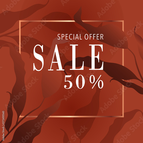 Autumn sale banner design with discount label in orange tone color and leaf for autumn and fall shopping promotion and advertisement. Vector illustration.