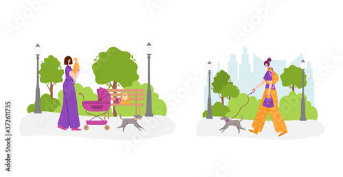 Happy motherhood or maternity concept - woman with little baby girl in sling bag and mother is walking with baby carriage in the park outdoors. flat cartoon female character - vector illustration set