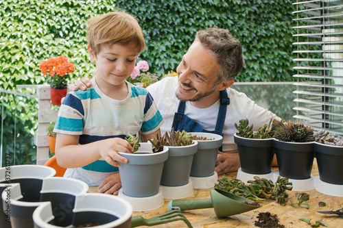 Crop cheerful man in apron and boy using gardening trowel while adding soil into pot with cacti seedlings standing near table behind lush green bushes photo