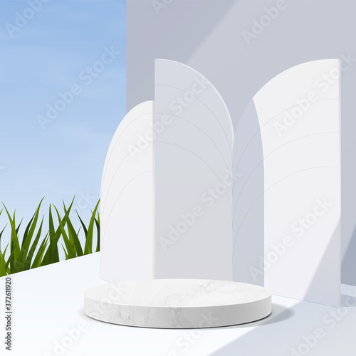 Minimal geometric, white marble podium with sky background and leaves. product presentation, mockup, scene to show cosmetic product, Podium, stage, pedestal or platform. simple clean design, 3d vector
