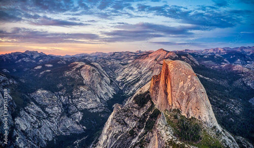 Aerial view of Yosemite Valley at sunset. 