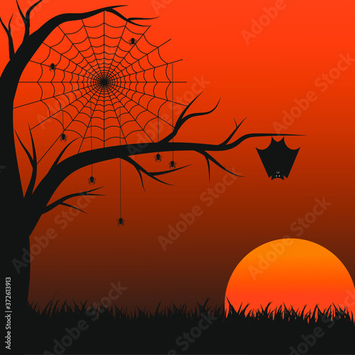 Spider web spider and bat elements, spooky, scary, horror Halloween decor. silhouette, vector illustration