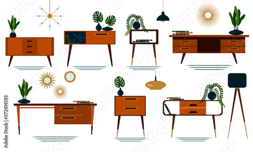 Set of midcentury modern furniture with plants, lighting and decor
