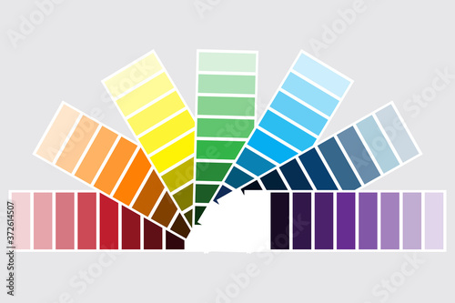 Color palette. Sample of colored paints. A spectrum of cmyk colors in the form of a fan. Pattern of different color shades. Vector image. Stock photo.