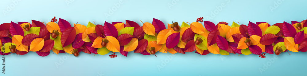 Autumn leaves border template.Greetings and presents for Autumn Poster and banner template in flat lay styling.Promotion template for Autumn or fall concept