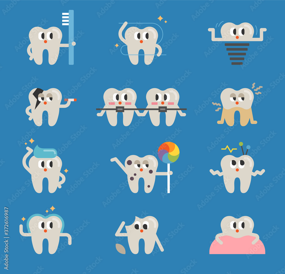 Fototapeta premium Cute tooth character. He has various expressions and actions.
