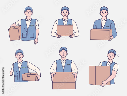 Deliveryman character in various poses holding a box.