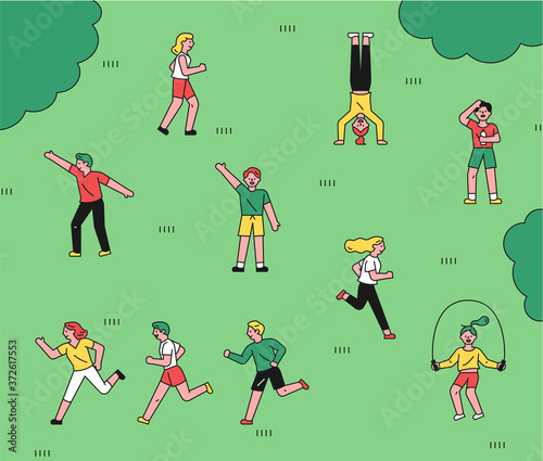 A lot of people exercising in the park.