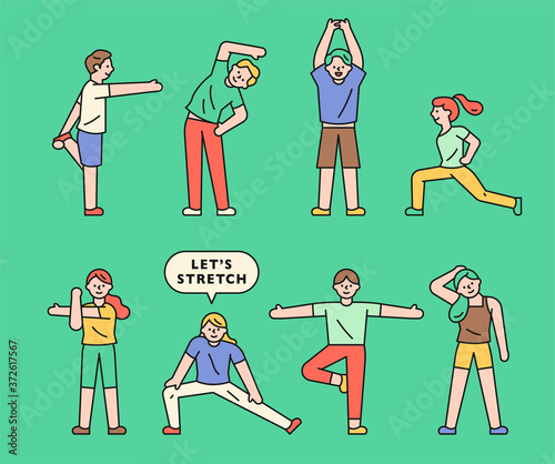 People who stretch in various motions.