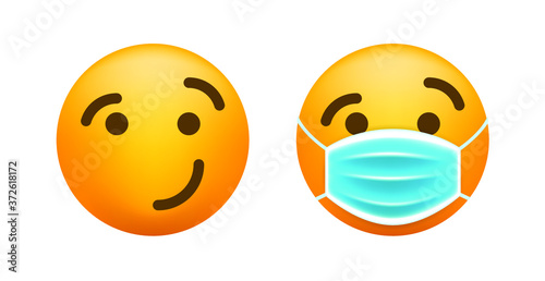 Realistic Cute Emoticon with Face Mask on White Background . Isolated Vector Illustration 