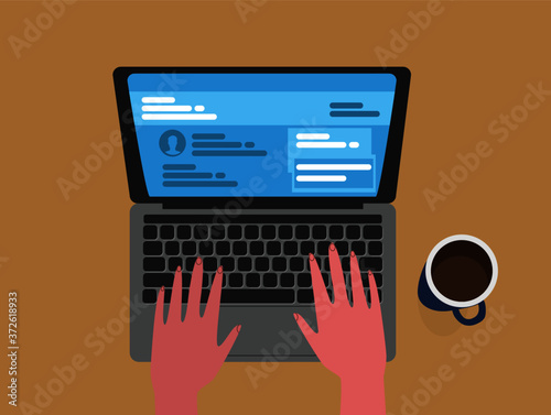 Hands on a laptop. 
Female hands typing a message