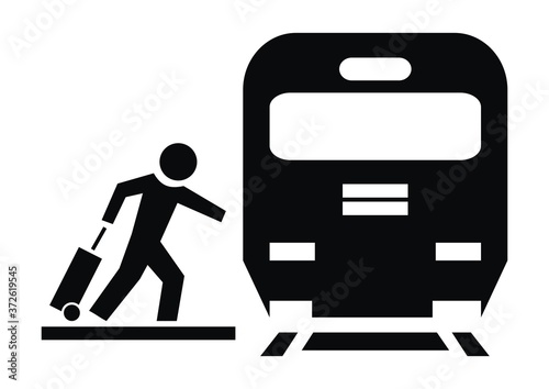 train platform, engine and person, black vector icon
