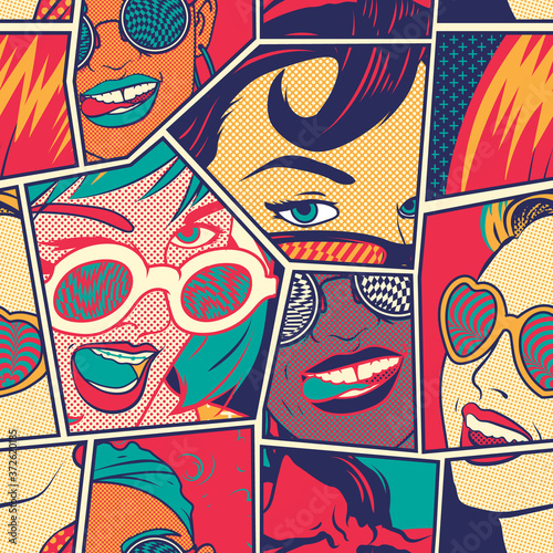 Retro Pop art girls Seamless pattern vector background
