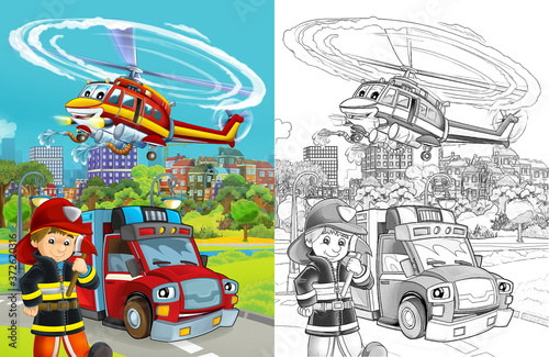 Fototapeta Naklejka Na Ścianę i Meble -  cartoon sketch scene with fire brigade car vehicle on the road