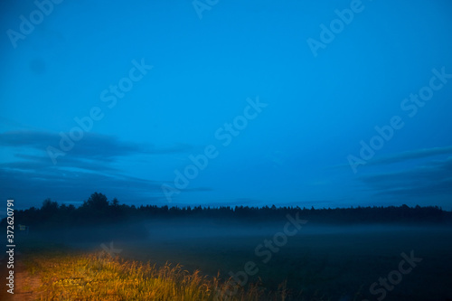 View from the road to a field with fog late in the evening or at night.