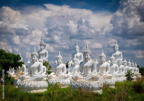 A field of white Buddha statues