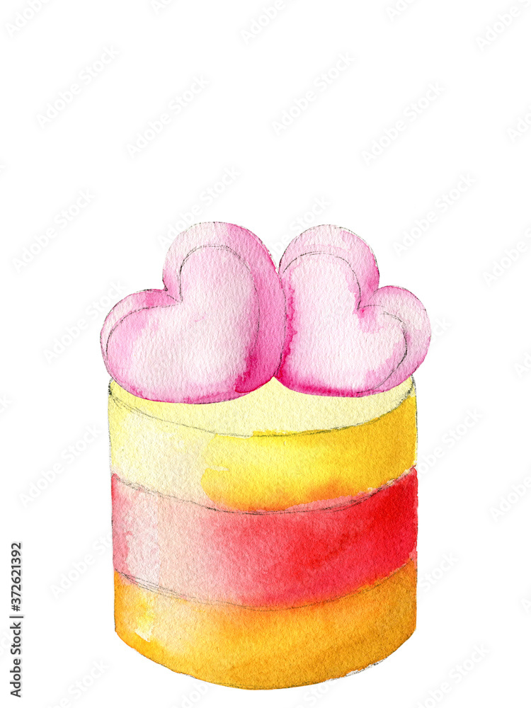 Hand painted watercolor rainbow layered cake with two pink heart topping isolated on the white background Hand painted watercolor rainbow layered cake with two pink heart topping isolated on the white background