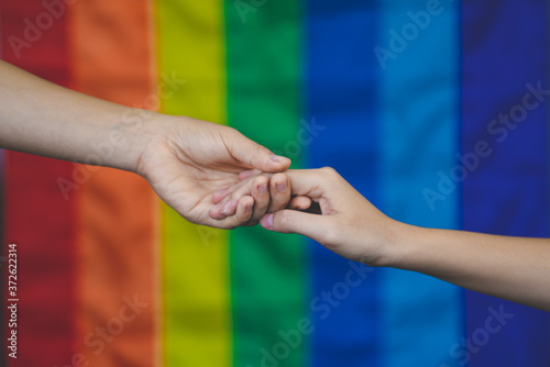 Lesbian image holding hands with lgbtq flag as background.