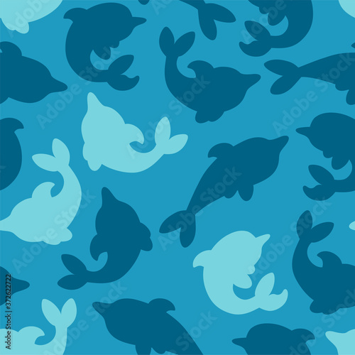 Seamless pattern with silhouettes of dolphins in blue background. Minimalistic design with dolphins for prints and backgrounds. Flat vector illustration.