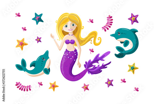 Set with fairy mermaid  cute little dolphins  seaweed and colorful starfish. Happy mermaid with waving golden hair. Cartoon vector illustration.
