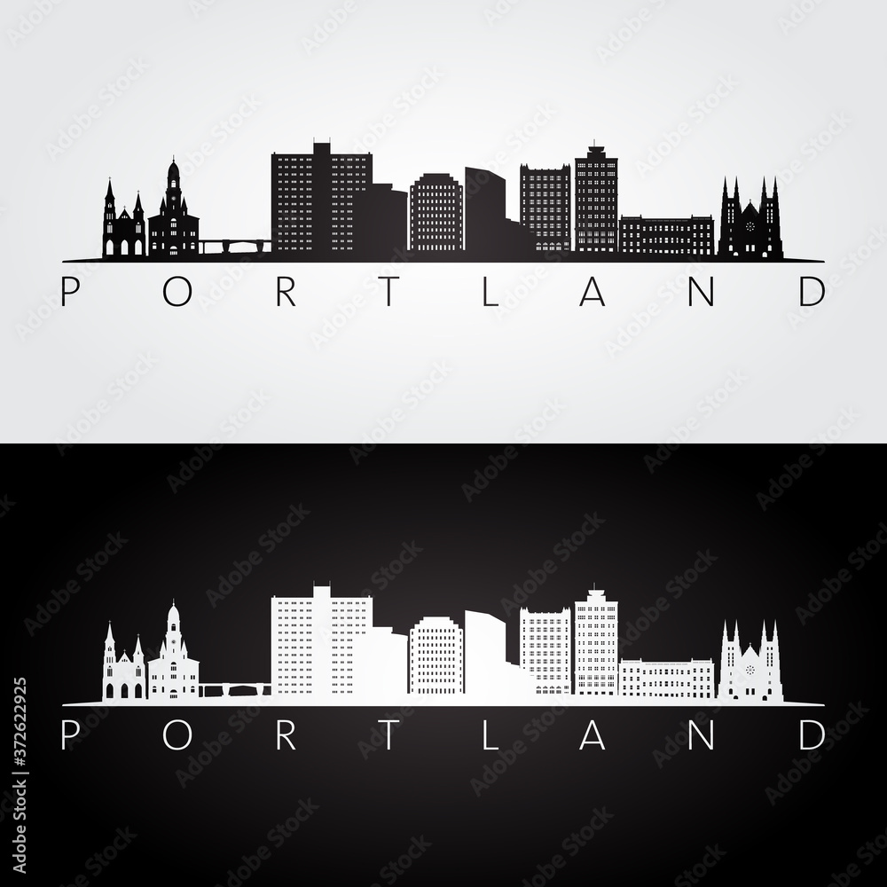Obraz Sylwetka panoramę Portland, Maine i zabytki, czarno-biały design, ilustracji wektorowych.