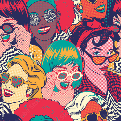 Retro Pop art girls Seamless pattern vector background