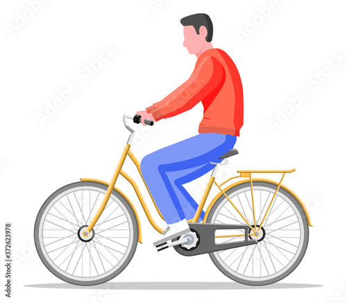 Fototapeta Naklejka Na Ścianę i Meble -  Man on old city bicycle. Guy ride vintage yellow bike isolated on white. Urban transportation vehicle. Vector illustration in flat style