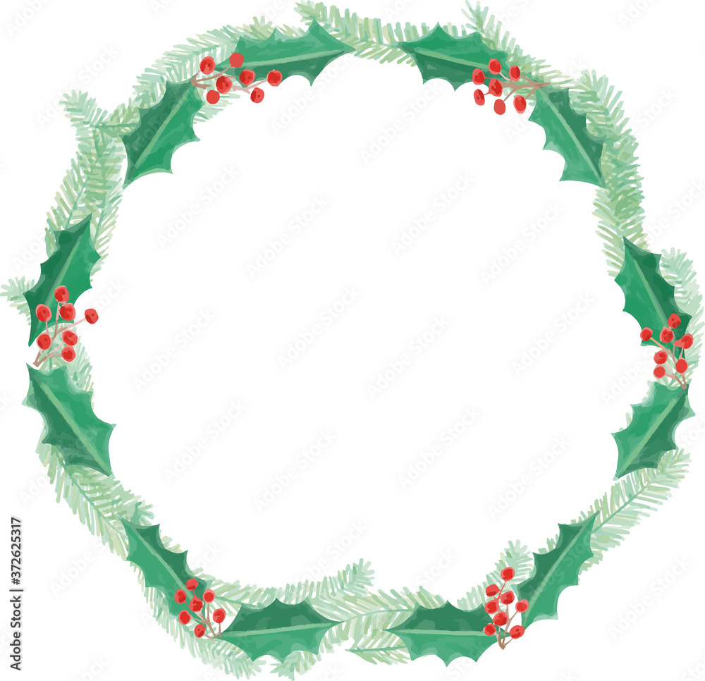 ヒイラギのクリスマスリース 手描き水彩風ベクターイラスト ヒイラギのクリスマスリース 手描き水彩風ベクターイラスト