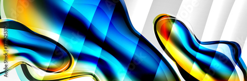 Vector abstract background, flowing liquid style bubble with metallic, color quicksilver chrome texture and color glow effects