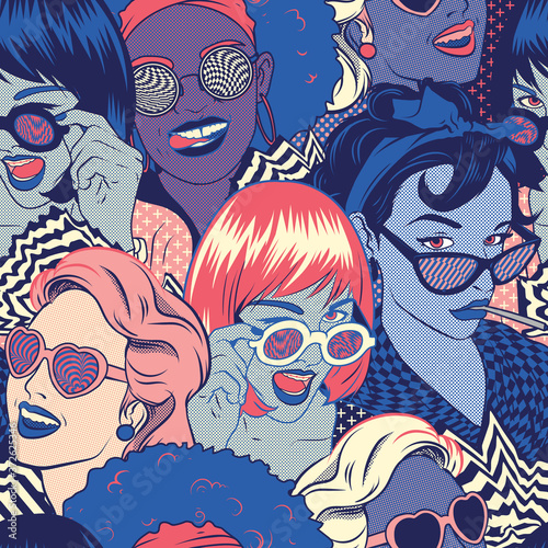 Retro Pop art girls Seamless pattern vector background