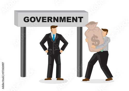 Cartoon of businessman taking a bag of money and giving it to the government. Concept of tax paying, bribery or corruption.