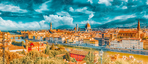 Beautiful landscape above, panorama on historical view of the Florence from Piazzale Michelangelo point. Morning time.