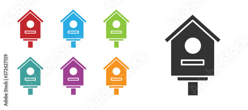 Black Bird house icon isolated on white background. Nesting box birdhouse, homemade building for birds. Set icons colorful. Vector Illustration.