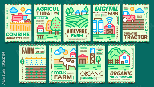 Farming Landscape Advertising Posters Set Vector. Cultivating Tractor And Combine Harvester, Organic Farming And Grocery Shop Collection Promo Banners. Concept Template Style Color Illustrations