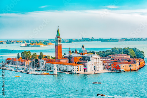 Panoramic view of Venice from the Campanile tower Island of Saint Giorgio Maggiore(Isola di S. Giorgio Maggiore) with San Giorgio Maggiore Church. Italy. © BRIAN_KINNEY