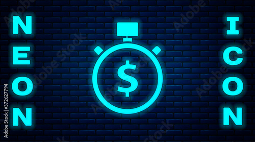 Glowing neon Time is money icon isolated on brick wall background. Money is time. Effective time management. Convert time to money. Stopwatch. Vector Illustration.