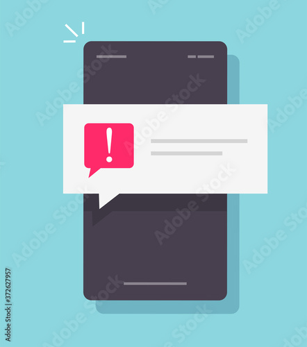 Warning notice notification secure push message important reminder vector on mobile phone screen flat cartoon, caution red note bubble with exclamation ransomware risk attack alarm error