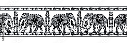 Seamless black and white traditional Asian elephant border design