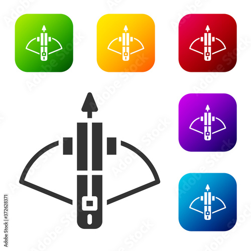 Black Battle crossbow with arrow icon isolated on white background. Set icons in color square buttons. Vector.