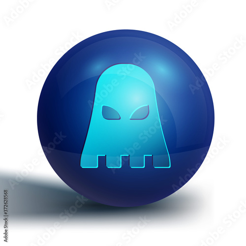 Blue Executioner mask icon isolated on white background. Hangman, torturer, executor, tormentor, butcher, headsman icon. Blue circle button. Vector.
