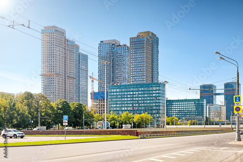 Canvas Print Modern moscow city russia Leningradsky highway street landmark against city skyline background