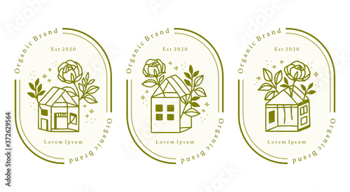 Set of hand drawn vintage home, green house, and botanical rose for feminine logo element, floral emblem or brand package