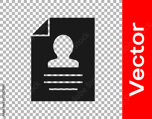 Black Resume icon isolated on transparent background. CV application. Searching professional staff. Analyzing personnel resume. Vector.