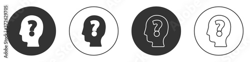 Black Human head with question mark icon isolated on white background. Circle button. Vector.