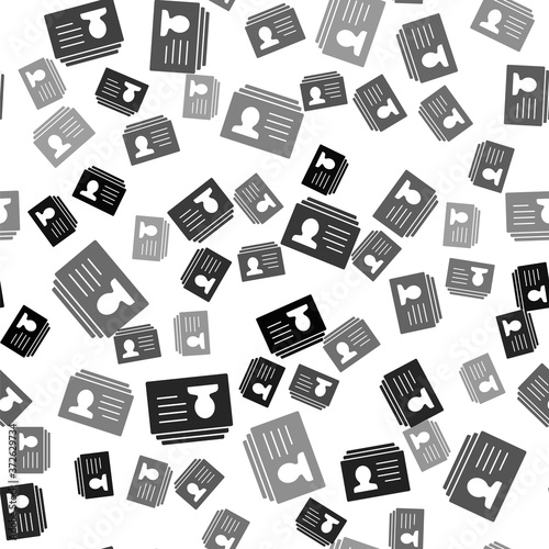 Black Resume icon isolated seamless pattern on white background. CV application. Searching professional staff. Analyzing personnel resume. Vector.