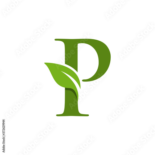 Letter P initial with green leaf logo vector design template