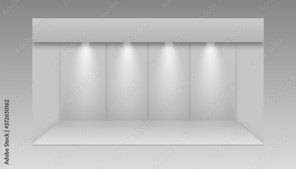 Blank display exhibition stand. 3D exhibition booth. White empty promotional stand with desk. Blank display exhibition stand. 3D exhibition booth. White empty promotional stand with desk.