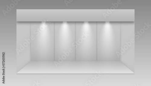 Blank display exhibition stand. 3D exhibition booth. White empty promotional stand with desk. 