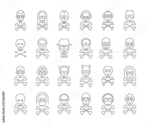 Thin grey line art silhouettes isolated on a white background Skull and Crossbones vector icon set. Large bundle of unique design elements, each icon is on a separate layer.