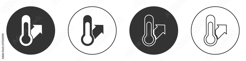 Black Meteorology thermometer measuring icon isolated on white background. Thermometer equipment showing hot or cold weather. Circle button. Vector.